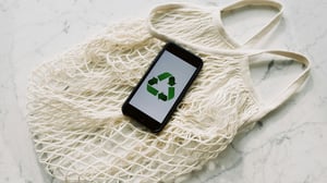 Eco-friendly fashion bag and phone with recycle symbol