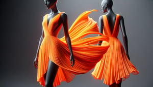 DALL·E 2024-02-13 15.33.18 - Create a photo-quality image of a neon orange dress on a 3D model. The dress should appear as if it is flowing, capturing the dynamic movement and fab